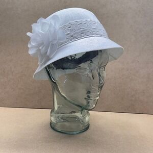 Angela & William Cloche Hat Womens OS White Lace Flower Linen Blend Cottagecore